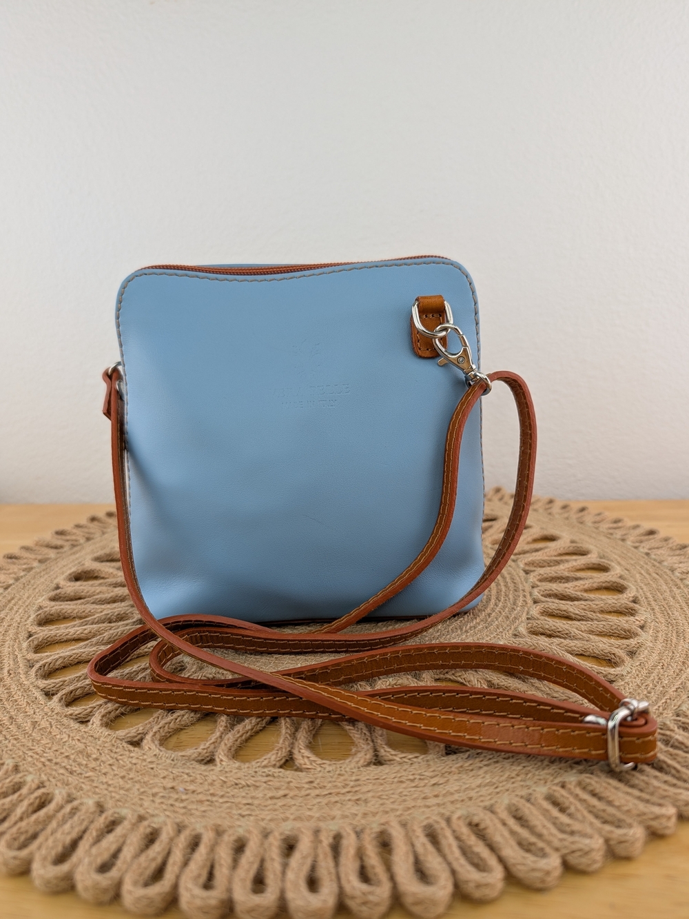 Borse In Pelle Blue Genuine Leather Small Crossbody Bag Brown Trim Made in Italy